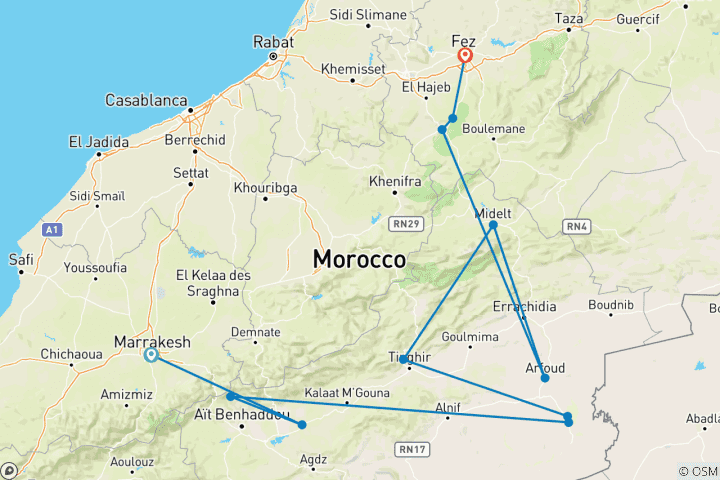 Kaart van Luxe woestijntocht van Marrakech naar Fes 3-daagse