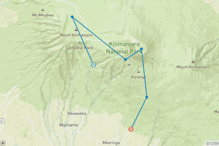 Map of Kilimanjaro Climbing Via Machame Route 6 days + 1 day Hotel Stay