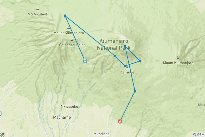 Map of Kilimanjaro Climbing Via Machame Route 7 days  + 1 day Hotel Stay