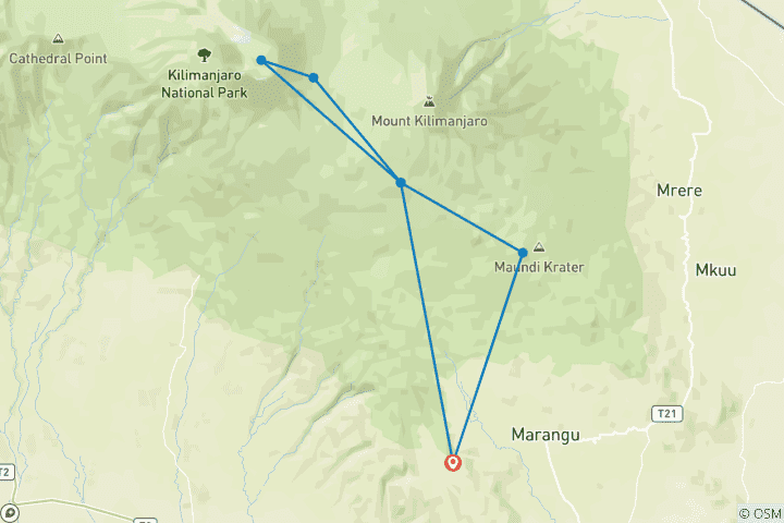 Map of Kilimanjaro Marangu Route 6 Days + 1 Day Hotel Stay