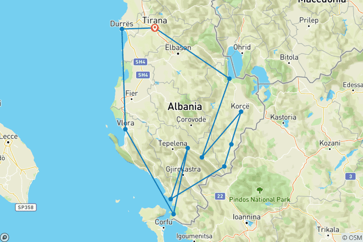 Carte du circuit Circuit vélo et découverte de l'Albanie (8 jours)