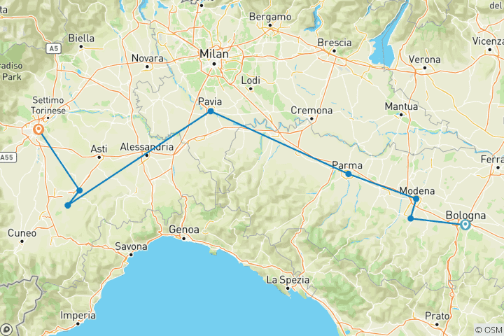 Kaart van Reis langs het mooiste van Italië – van de Motorvallei naar Piemonte