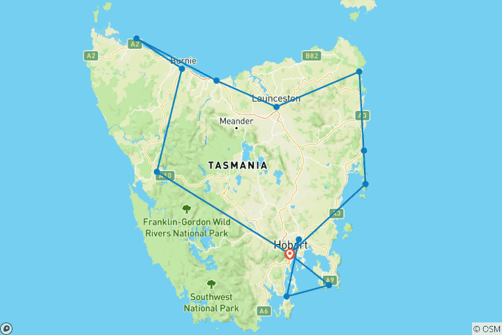 Carte du circuit Ultimate Tasmania - Circuit confort de 10 jours en Tasmanie