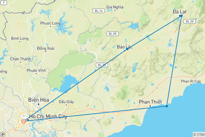 Map of Cycling Vietnam: Highlands and Beach 4 Days