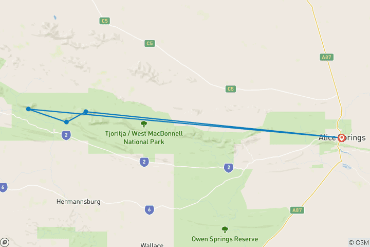 Carte du circuit 5 jours de randonnée sur le Larapinta Trail - Randonnée guidée au départ d'Alice Springs