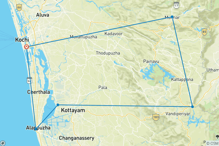 Map of Best Kerala Tour Package – Private 7 Days of Backwaters, Houseboats, Munnar Hills, Ayurvedic Spa & Beaches