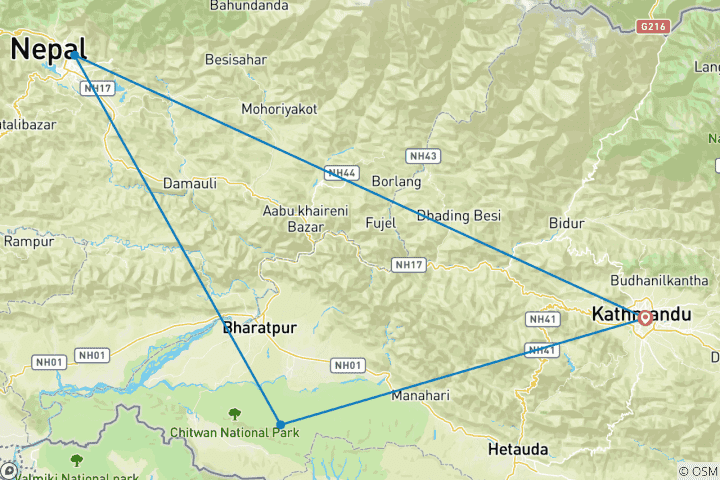 Karte von Kathmandu, Pokhara und Chitwan Rundreise