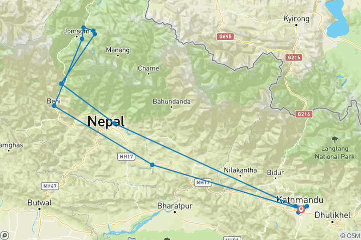 Map of Kathmandu, Pokhara and Muktinath