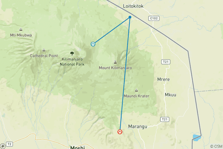 Map of 6 Days Kilimanjaro Trekking Rongai Route