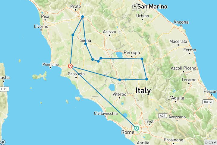 Map of Tuscan & Umbrian Countryside featuring Italy's Charming Hill Towns (Rome to Tuscany) (2024)