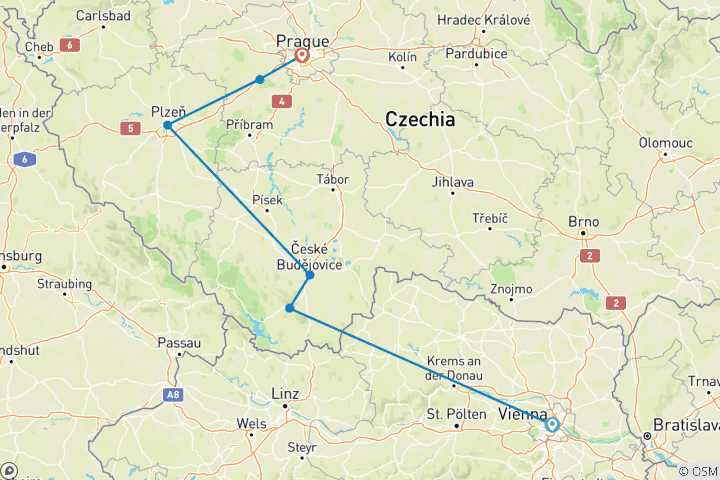 Carte du circuit La Bohême à vélo, de Vienne à Prague