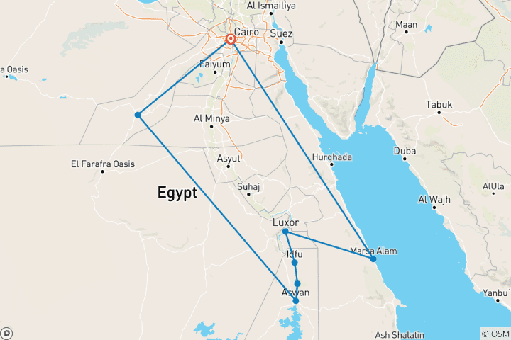 Karte von Abenteuer Ägypten mit Kairo, Weiße Wüste, Nilkreuzfahrt & Marsa Alam 15 Tage