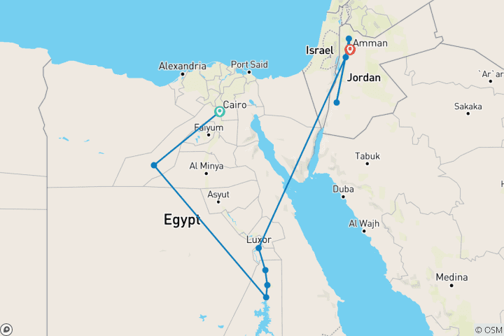 Kaart van Egypte naar Petra: 14-daagse rondreis met GEM, Nijlcruise, Witte Woestijn en Jordanië".