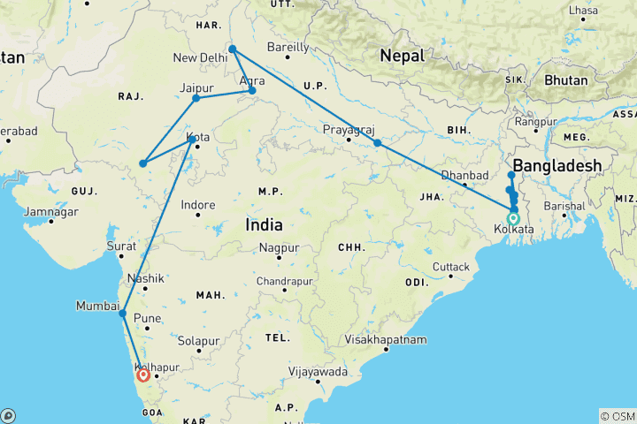 Carte du circuit Croisière de luxe sur le Gange et de New Delhi au Rajasthan avec Goa en train [Voyage de 24 jours].