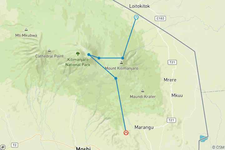 Map of Kilimanjaro Climbing Via Rongai Route 6 days + 1 day Hotel Stay