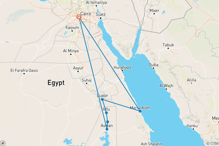 Mapa de Circuito de lujo Jana Holiday - el Cairo - crucero por el Nilo - Marsa Alam - vuelo nacional 9 días