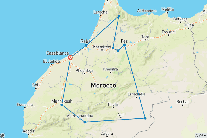 Karte von Marokkos Königsstädte: Casablanca bis Marrakesch - 15 Tage