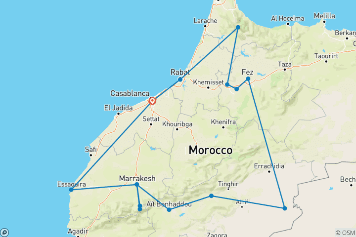 Karte von Marokkanische Städte & Natur: Rabat, Chefchaouen, Fes, Marrakech und die Sahara - 15 Tage