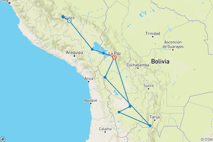 Kaart van 13 dagen Andes Natuurschatten – Peru & Bolivia