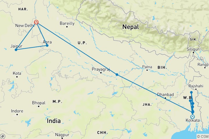 Carte du circuit Croisière de luxe sur le Gange avec Varanasi Delhi Agra Jaipur [16 jours]