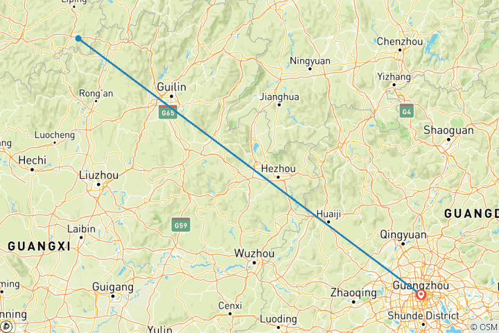 Mapa de PRI excursión de 3 días a Zhaoxing y Tang'an Dong, pueblos Basha Miao desde Guangzhou en tren