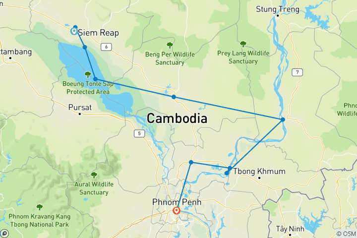 Kaart van Privé Cambodja 8 Daagse Tour Van Angkor Wonderen naar Mekong Dolfijnen & Phnom Penh