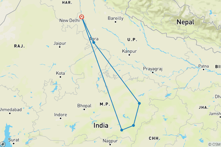 Map of 12 Days of Famous 4 Tiger Safari Tour  with Taj Mahal ALL INCLUSIVE)