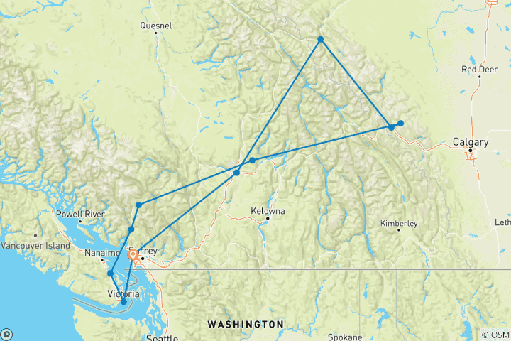 Mapa de Las Montañas Rocosas y el oeste de Canadá - 13 días, Rocky Mountaineer SilverLeaf