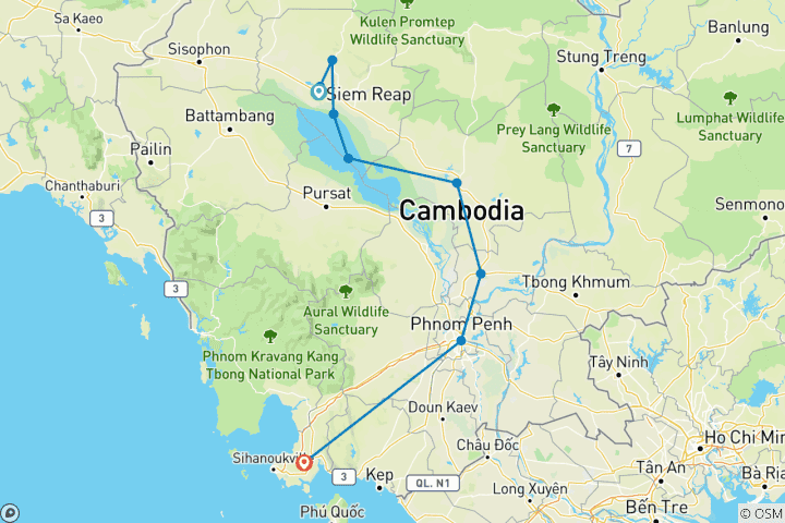 Kaart van Cambodja 9 daagse tour van Siem Reap naar Phnom Penh & Sihanoukville