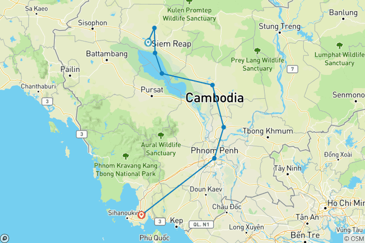 Kaart van Cambodja 9 daagse tour van Siem Reap naar Phnom Penh & Sihanoukville