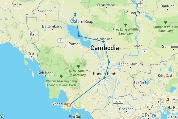 Karte von Kambodscha ab Siem Reap mit Phnom Penh & Sihanoukville Strände 9 Tage