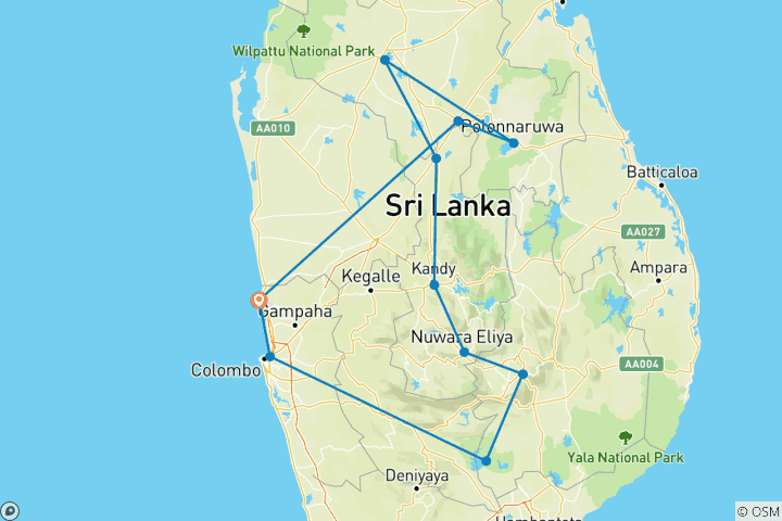 Map of Uncovered Highlights of Sri Lanka: 09 Days Tour