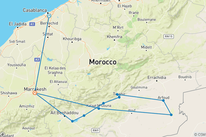 Carte du circuit 7 jours d'excursion au Sahara de Casablanca au désert de Merzouga via Marrakech