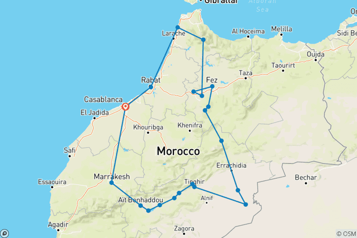 Map of 9 days 8 nights Morocco History and Culture Tour from Casablanca