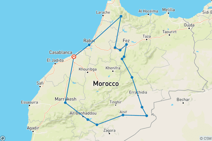 Map of Private 6-Days Tour from Casablanca to Chefchaouen -Fes-Merzouga and Marrakech