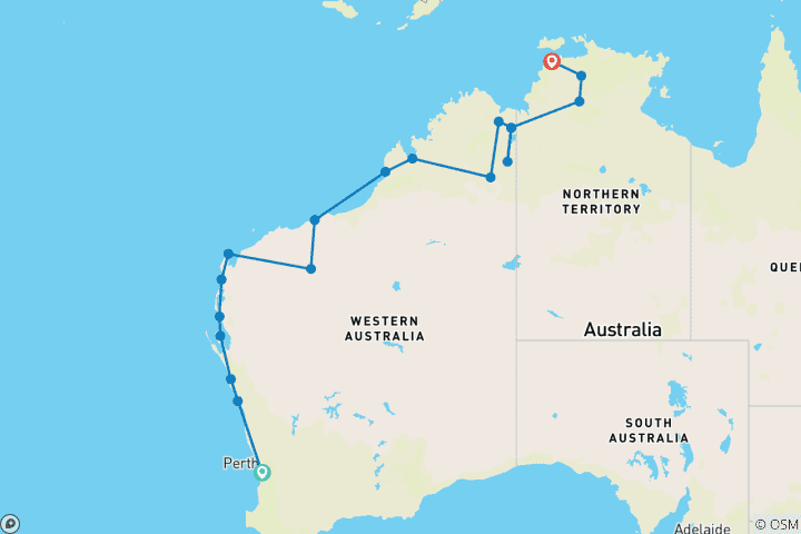 Map of Adventure tour along the west coast of Australia - Perth to Darwin