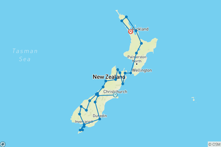 Karte von Naturwunder Neuseelands - Christchurch bis Auckland