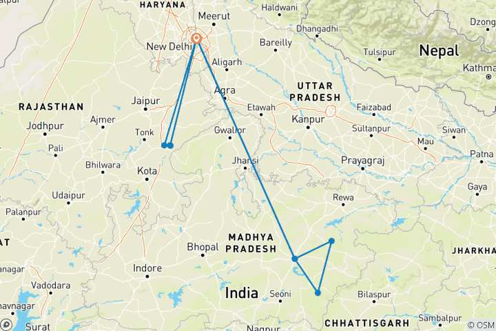 Kaart van Bandhavgarh Ranthambore tijger-rondreis