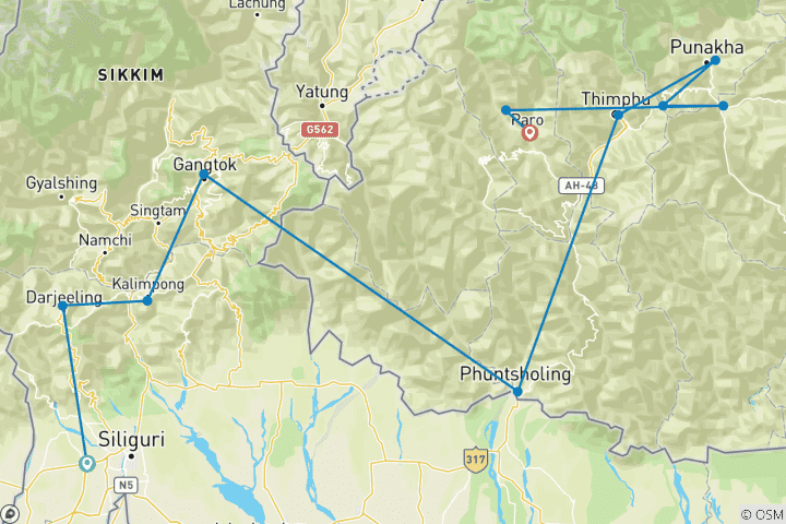 Map of North East India Tour with Bhutan