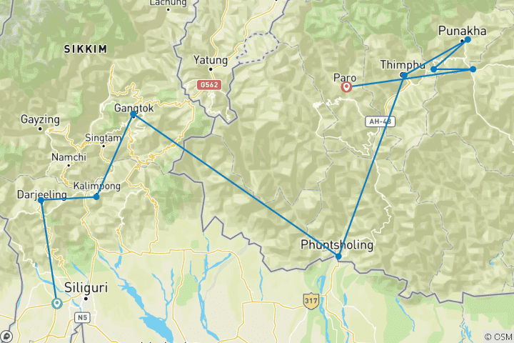 Carte du circuit Circuit dans le nord- est de l'Inde avec le Bhoutan