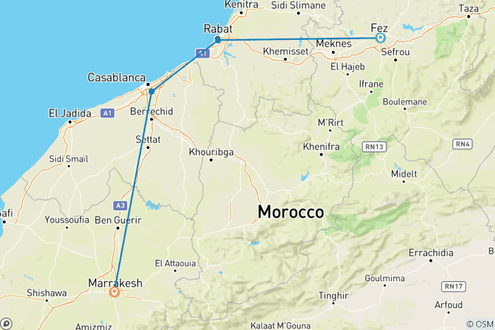 Map of Moroccan Cities: Casablanca, Fes, Rabat & Marrakech - 5 Days