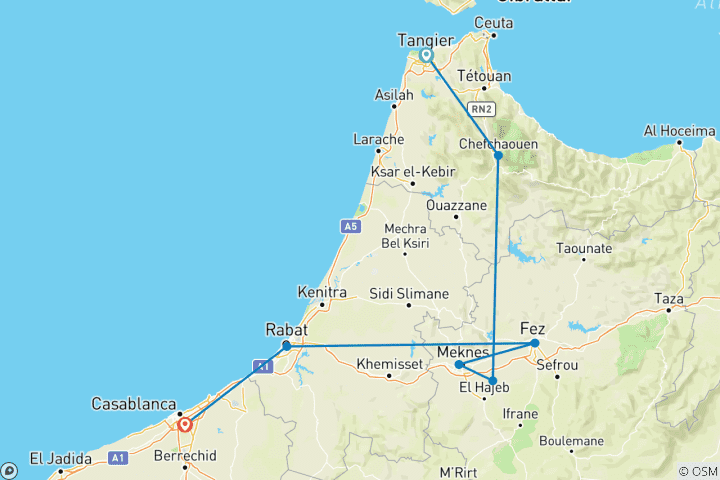 Map of Northern Morocco's Cities: Tangier to Casablanca - 5 Days