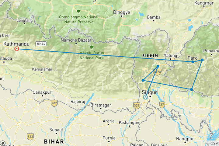 Mapa de Viaje en grupo de 10 noches y 11 días a Sikkim-Bután-Nepal 2024-2026