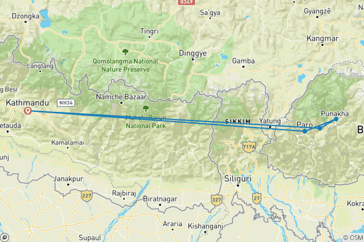 Kaart van 9 nachten 10 dagen Nepal - Bhutan Privé Rondreis 2024-2026