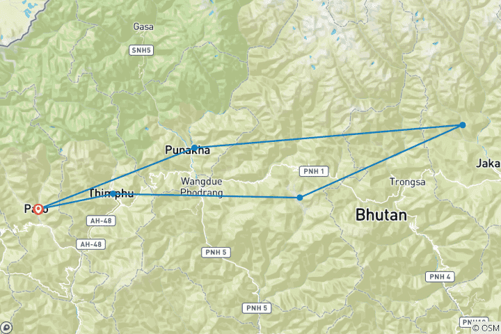 Kaart van 9 nachten 10 dagen Jambay Lakhang drup Festival rondreis november 2025