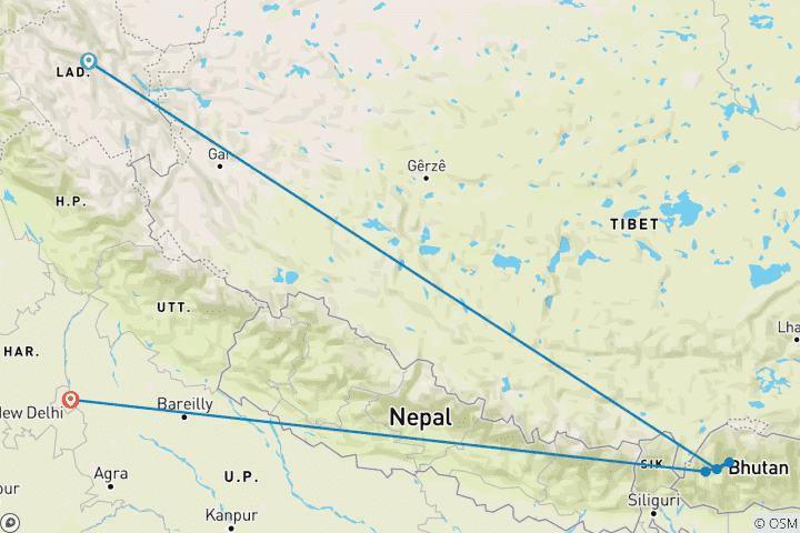 Kaart van 12 nachten 13 dagen Bhutan-Leh Ladakh (India) Groepsreis 2024-2026