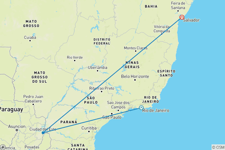 Carte du circuit Couleurs du Brésil : Rio, Foz do Iguazu et Salvador (vols intérieurs inclus)