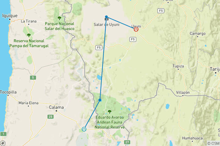 Map of 3 days in the Uyuni Salt Flat and the Colored Lagoons