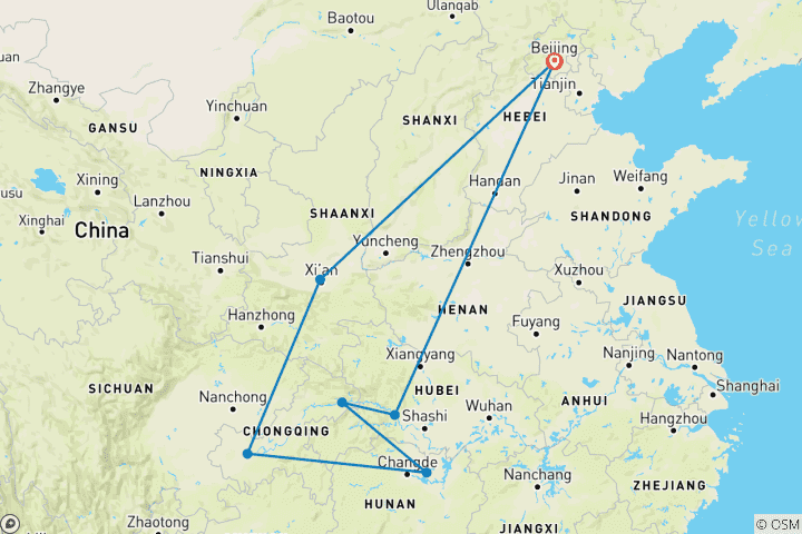 Carte du circuit CIRCUIT MAJESTUEUX EN CHINE AVEC CROISIÈRE SUR LE FLEUVE YANGTZE