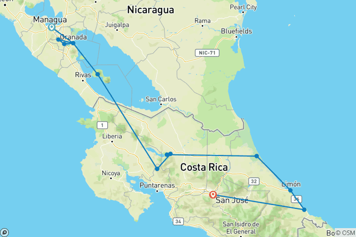 Map of Nature Adventure Trip Costa Rica & Nicaragua